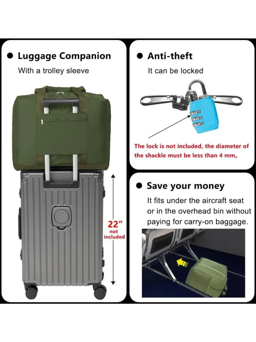 Lightweight Foldable Travel Duffle Bag with Trolley Sleeve, 40L Capacity, Army